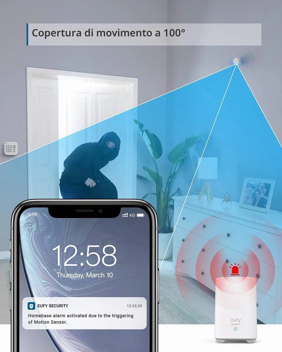 eufy Security kit di allarme domestico da 5 pezzi, sistema di sicurezza domestico, tastierino, sensore di movimento, 2 sensori di ingresso, controllo da app, collegamento a eufyCam