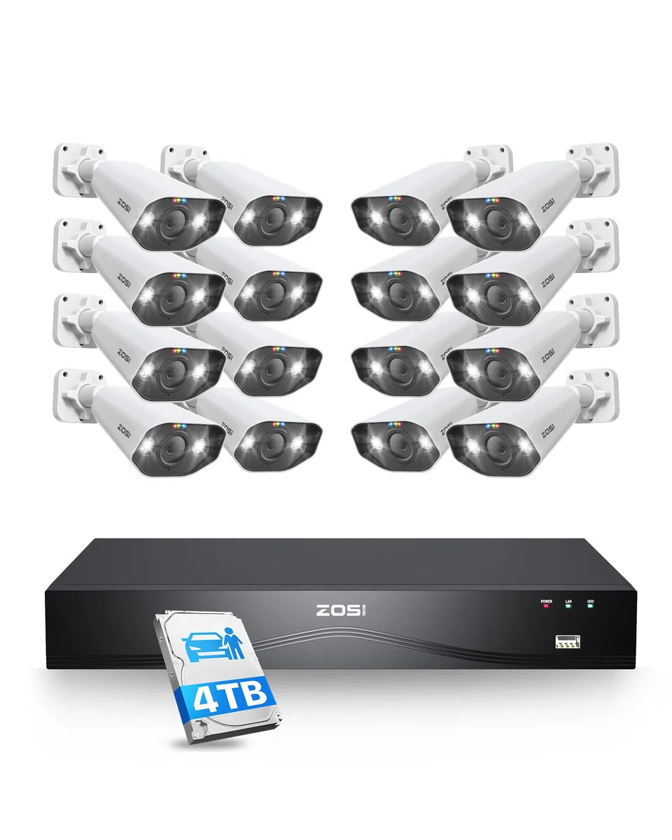 ZOSI 4K Kit Videosorveglianza PoE, 16 Porte 24CH 4K 4TB NVR con 16x 8MP Telecamera PoE, Audio Bidirezionale, Visione Notturna a Colori, Rilevamento AI di Persone/Veicoli, Controllo Remoto, C182