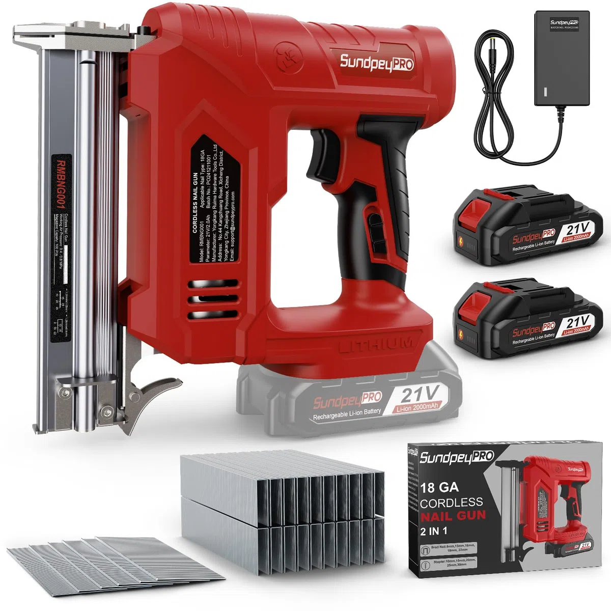 Sparachiodi a Batteria 21V - 2-in-1 Chiodatrice a Batteria con 2 x 2.0Ah Batterie, 180 Chiodi/Min, Graffettatrice con 600 Chiodi 18GA e 2.000 Chiodi a U per Tappezzeria, Falegnameria