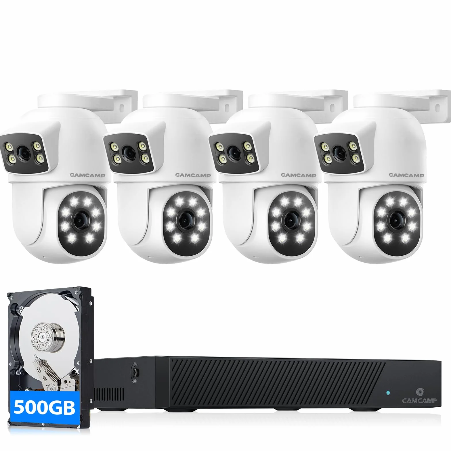 CAMCAMP 4MP Kit Videosorveglianza POE Doppia Lente, 8CH NVR Kit Telecamere Videosorveglianza POE con 500GB HDD,4X2K PTZ Telecamera IP,Visione Notturna a Colori,Rilevamento Movimento,Auto Tracciamento