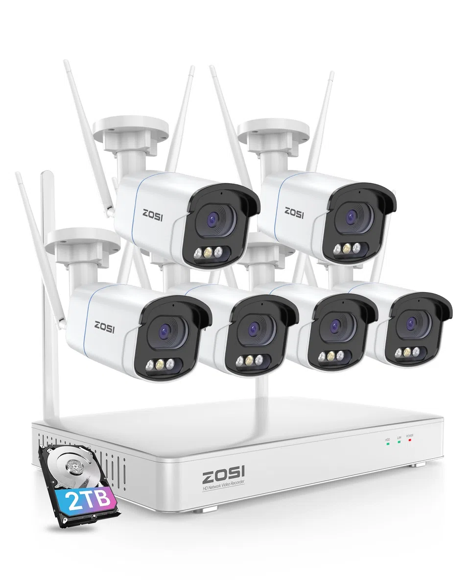 ZOSI 4MP Kit Videosorveglianza WiFi Esterno, 6X Telecamera Bullet, H.265+ 8CH 2TB NVR, Visione Notturna a Colori, Rilevazione di Persone, Audio Bidirezionale, Allarme Intelligente