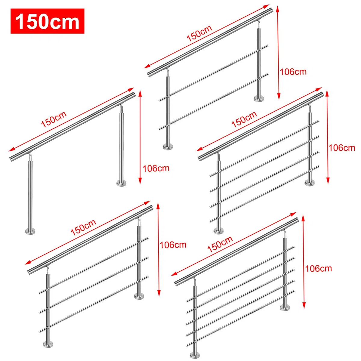 LILIIN Corrimano in acciaio inox, ringhiera per scale, 150 cm, con 3 barre trasversali, materiale di montaggio, montaggio a parete per scale, interni ed esterni, balcone, parapetto, argento