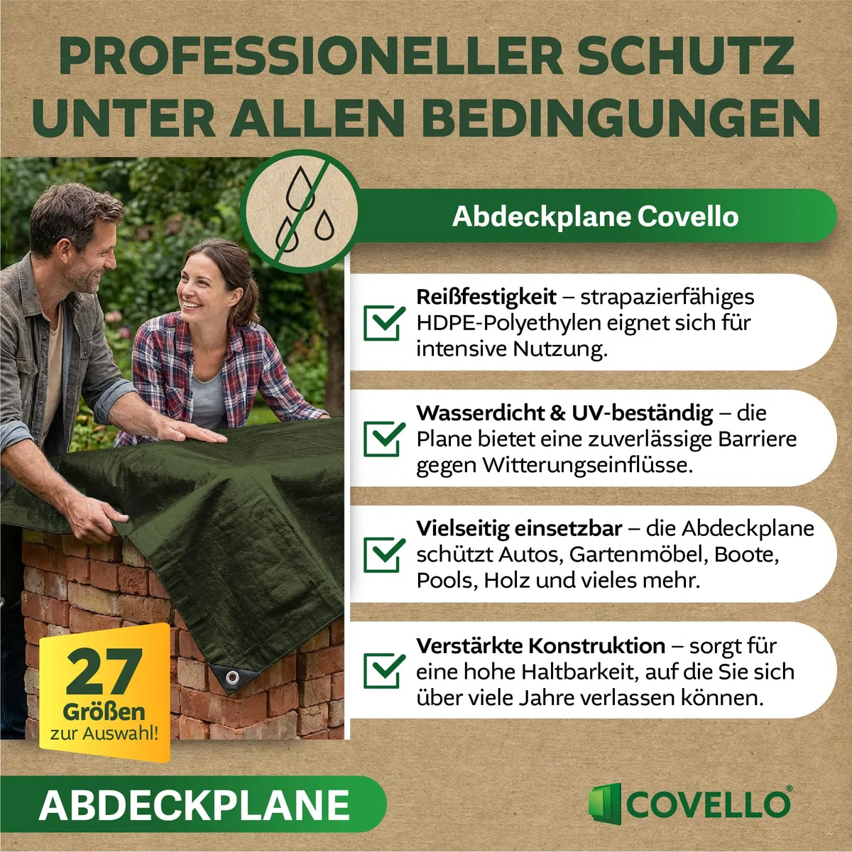 Covello Telo impermeabile esterno 260g/m² Top Line | Telo occhiellato 6m x 5m | Telo impermeabile | Resistente ai Raggi UV Agli Strappi | Telone multifunzionale per la protezione