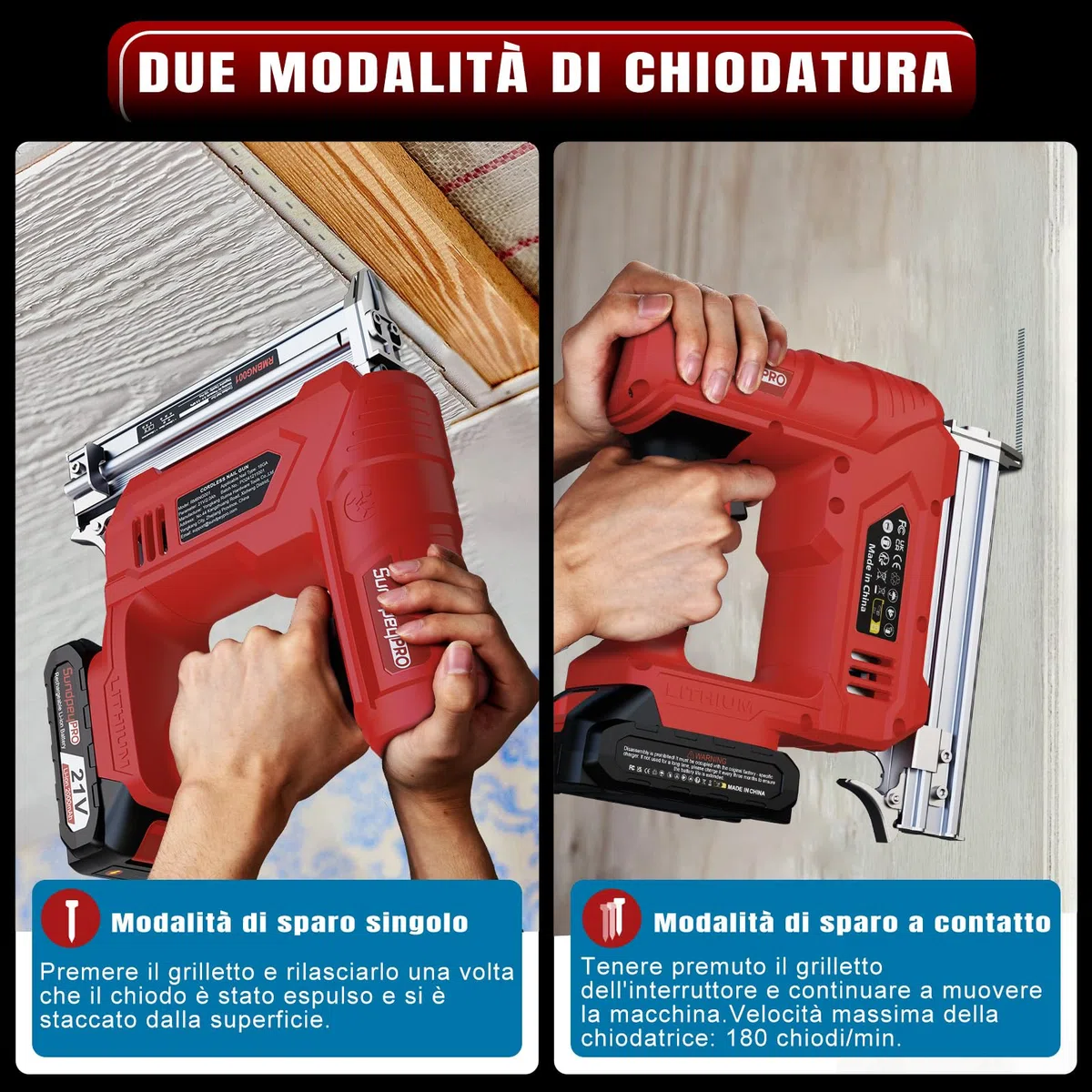 Sparachiodi a Batteria 21V - 2-in-1 Chiodatrice a Batteria con 2 x 2.0Ah Batterie, 180 Chiodi/Min, Graffettatrice con 600 Chiodi 18GA e 2.000 Chiodi a U per Tappezzeria, Falegnameria