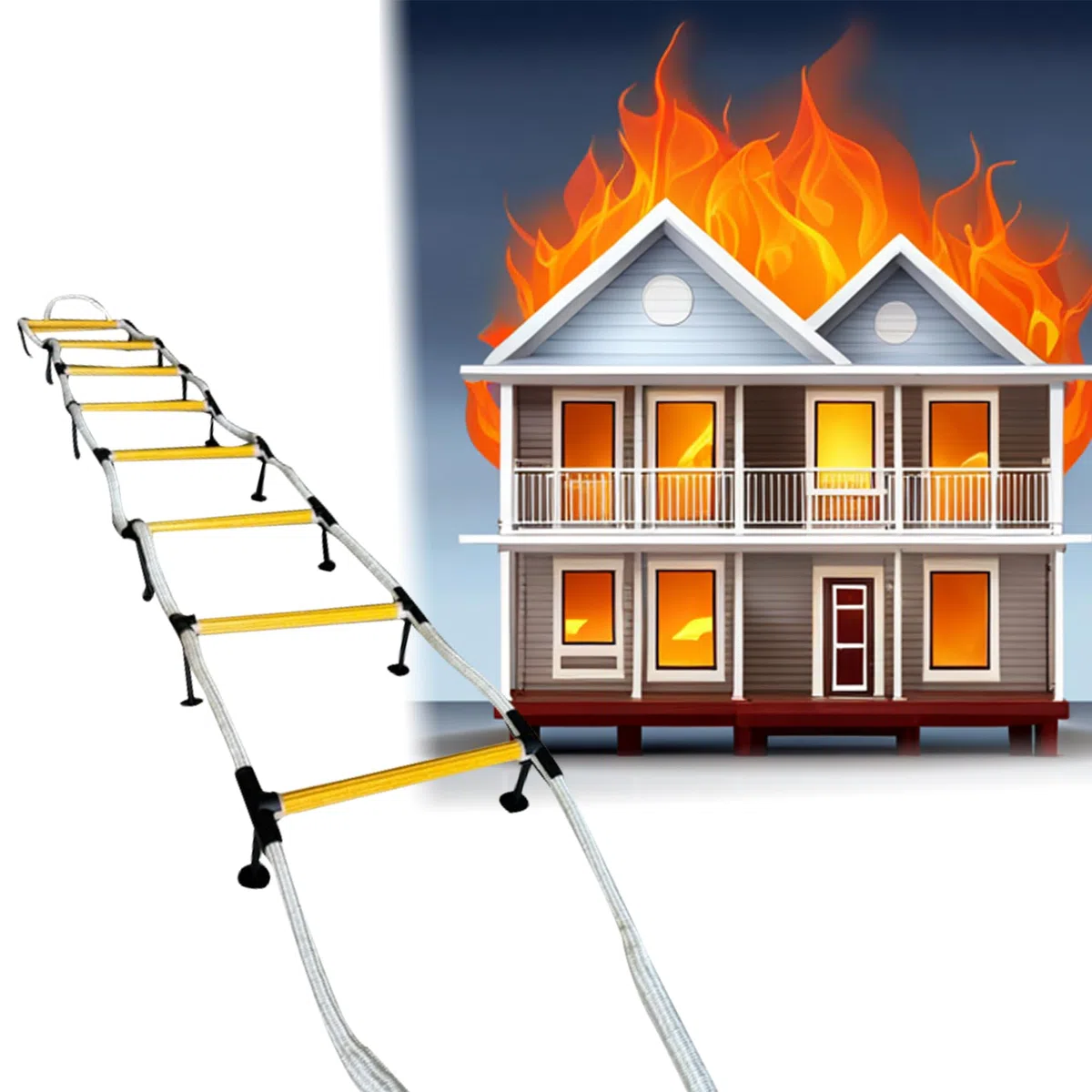 Scala di Corda Antincendio 2,5 m con Stabilizzatori Distanziali | Scala di estensione di emergenza | Resistente agli agenti atmosferici con ganci a molla | Veloce da implementare e facile da usare