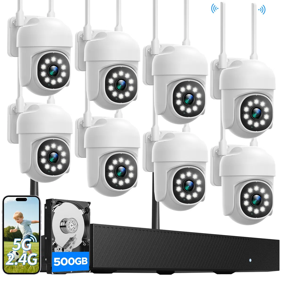 CAMCAMP kit videosorveglianza wifi telecamere da esterno videocamera sorveglianza, 360 gradi PTZ 16CH NVR con 500GB 2.4G& 5G wi-fi Vision Nocturne Couleur, AI Détection de Personne Enregistrement 24/7