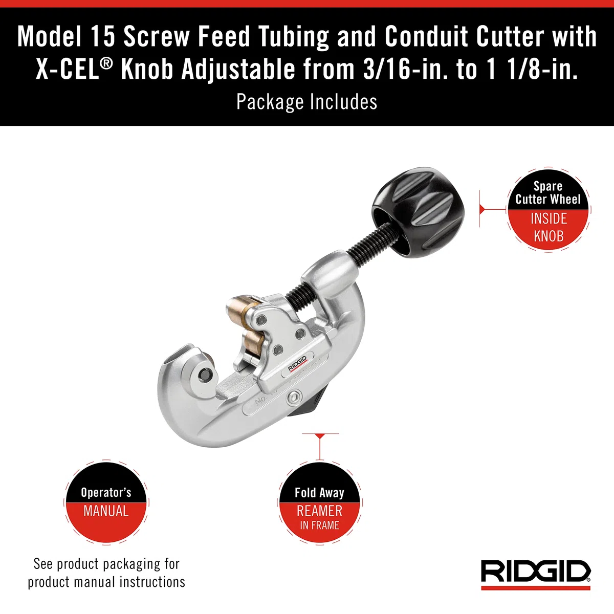 RIDGID 32920 Modello 15 Tagliatubi con Avanzamento a Vite, Capacità 5-28 mm