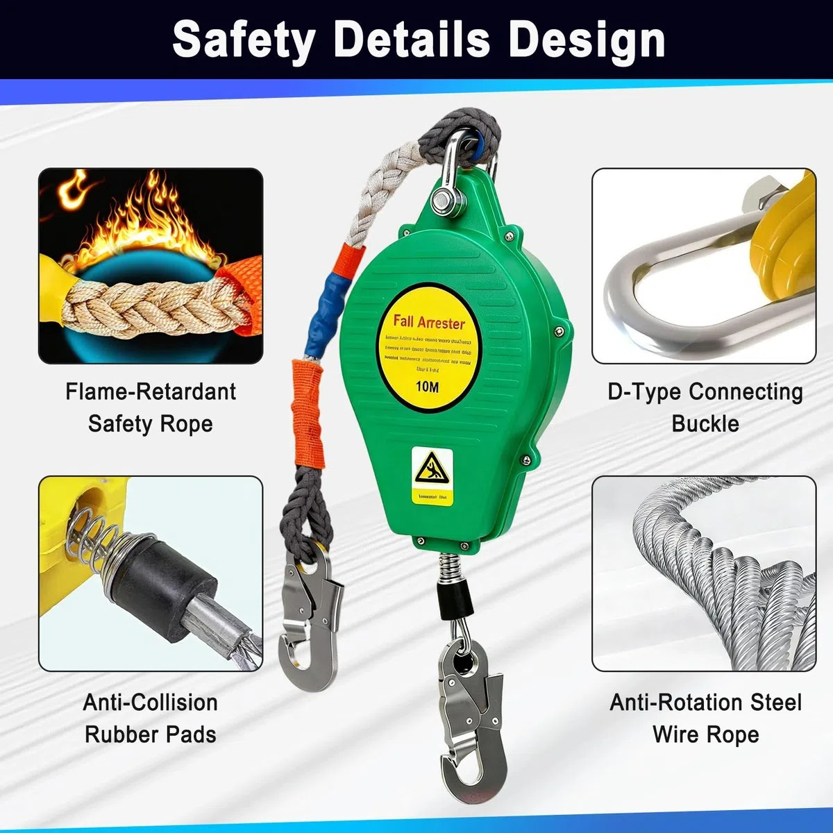Dispositivo Anticaduta Retrattile Certificato, 3-20m Imbracatura di Sicurezza Anticaduta con Gancio Autobloccante, Dispositivo Retrattile di Sicurezza Anticaduta(Verde,10m)