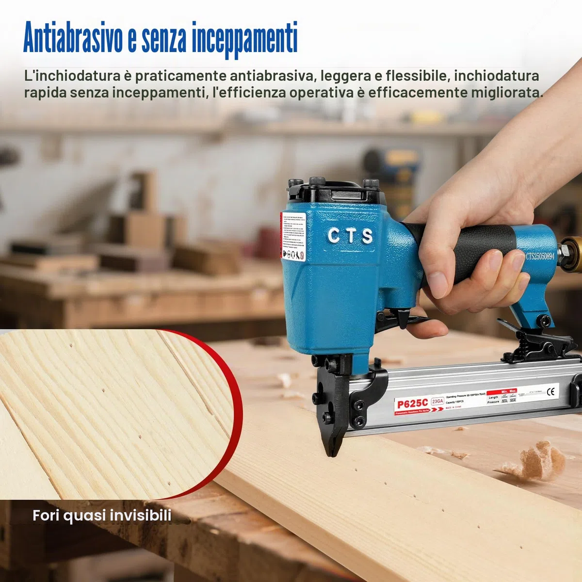 P625C Chiodatrice pneumatica con perni da 23 gauge e 3000 perni inclusi, chiodatrice pneumatica senza testa con blocco di sicurezza, adatta per perni da 1/2'' a 1'' (12 a 25mm), micro