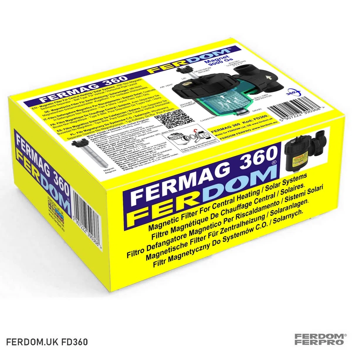 FERDOM FD360 Filtro Defangatore Magnetico. Per Sistemi Riscaldamento, Solare, HVAC. Con Separatore Di Sporco Non Magnetico. Per tubi verticali e orizzontali. Magnet 9000 Gs. Dim.1 "/ DN25. Per 24-30kW