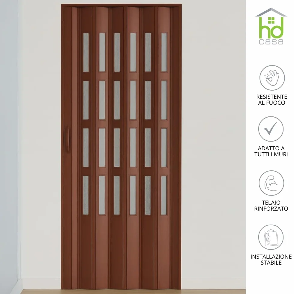 HD CASA Porta a Soffietto Modello Extra Standard, in PVC con Vetri Trasparenti, Reversibile e Regolabile in Altezza e Lunghezza, Fai da Te, Made in Italy, arredo casa, Noce 82x210 cm