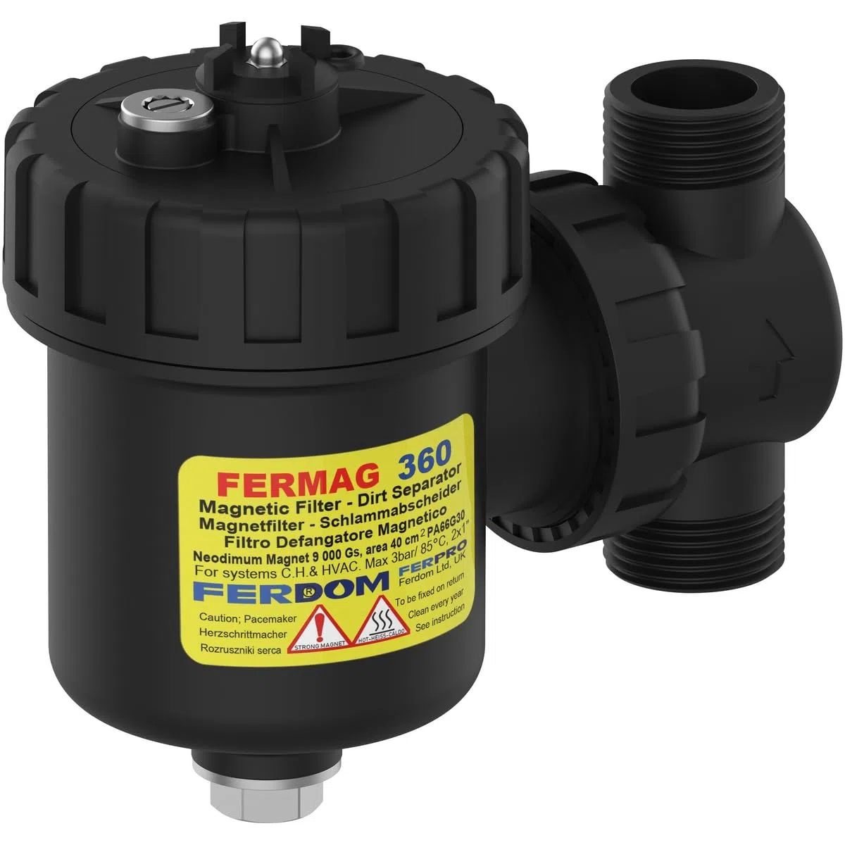 FERDOM FD360 Filtro Defangatore Magnetico. Per Sistemi Riscaldamento, Solare, HVAC. Con Separatore Di Sporco Non Magnetico. Per tubi verticali e orizzontali. Magnet 9000 Gs. Dim.1 "/ DN25. Per 24-30kW