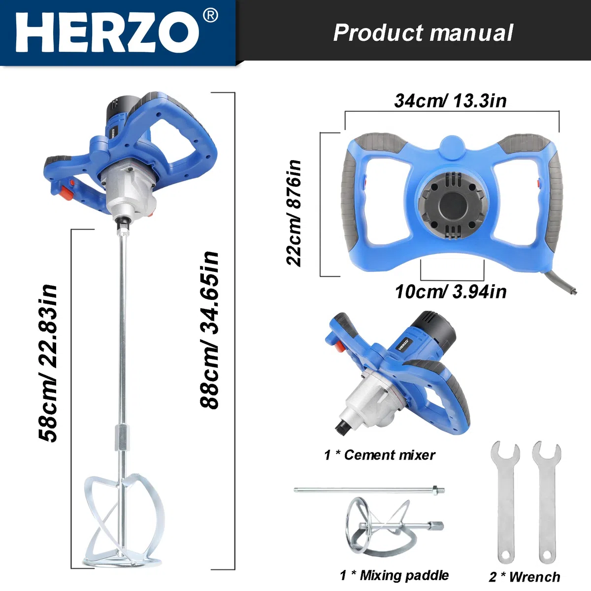 HERZO Miscelatore Malta e Cemento 1300W,6 Velocità, Agitatore Mescolatore Attacco M14 per Malta, Cemento e Colla