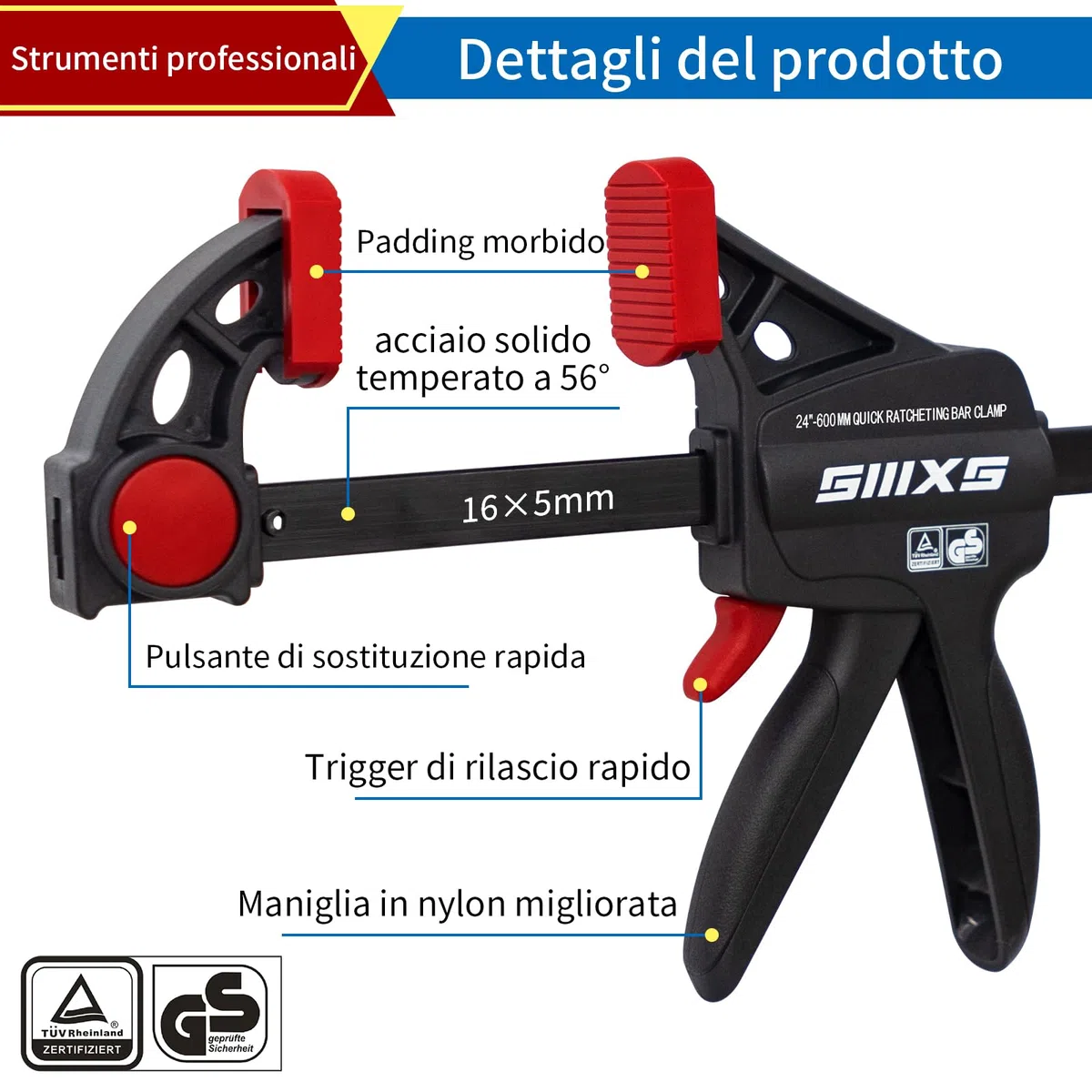 SIIIXS Morsetti da Falegname 4 Pezzi, Set di Morsetti per Legno a sgancio rapido da 609 mm per il Serraggio e l'allungamento, Morsetti a barra Serraggio 80 kg, Con certificato GS