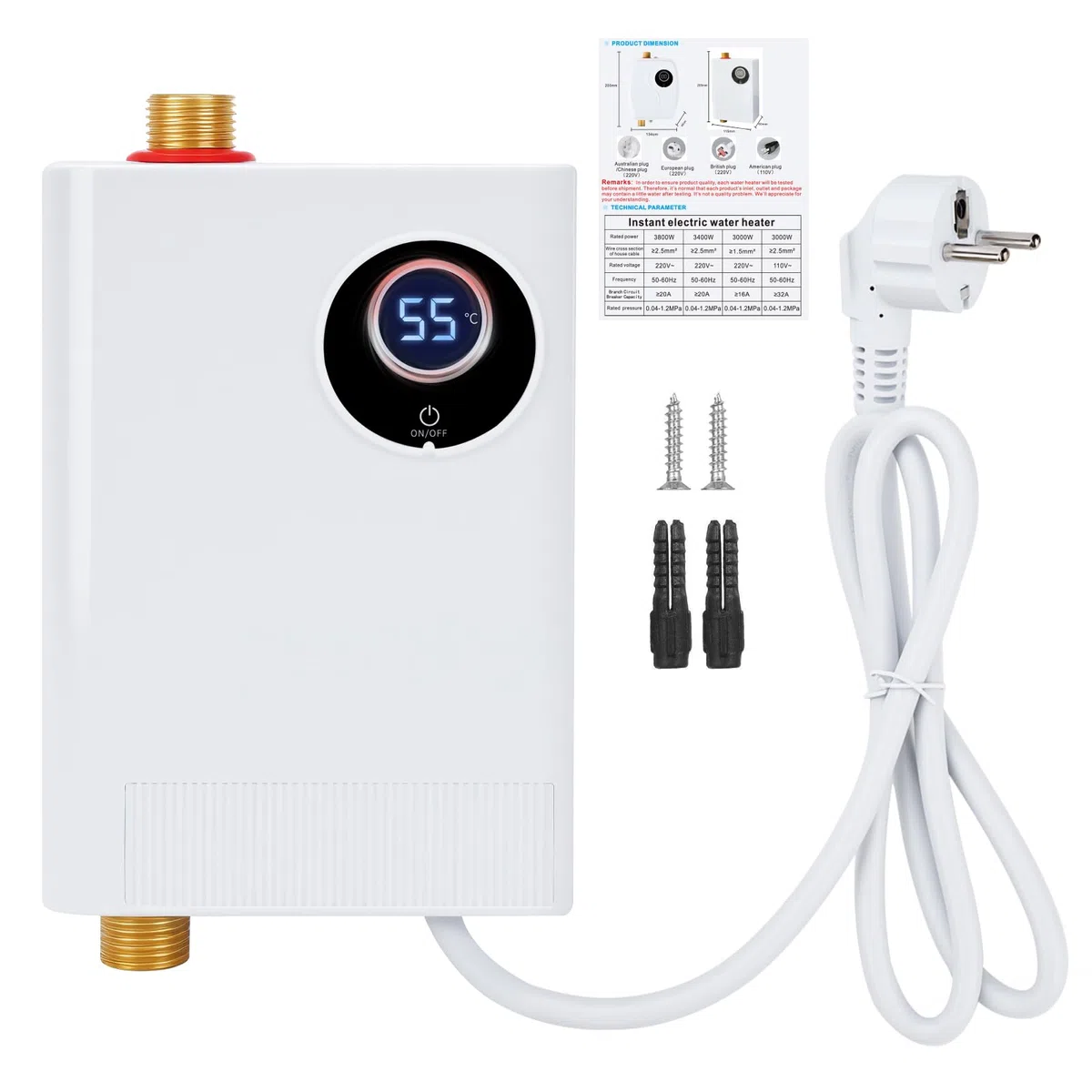 Mini scaldabagno istantaneo, 3800 W, 220 V, serbatoio elettrico resistente alla pressione, con indicatore della temperatura LCD, scaldabagno istantaneo controllato elettronicamente per doccia, bagno