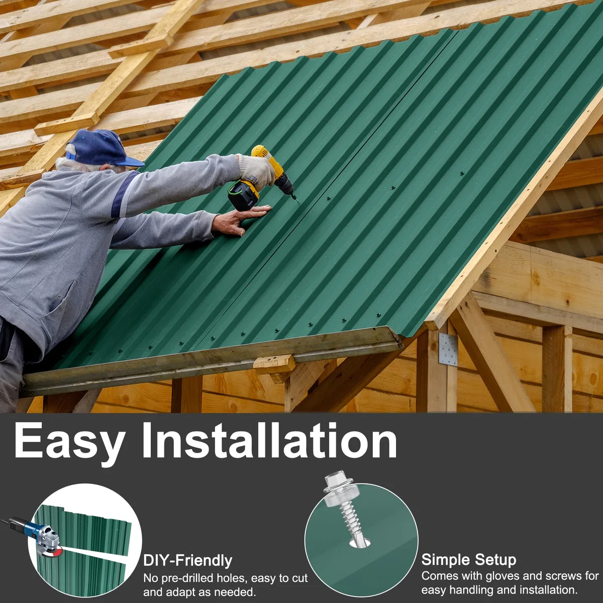 FIVMEN 12 lamiere trapezoidali zincate, 1295 x 450 mm, per tetto con guanti e viti, piastre ondulate, 7 m², verde