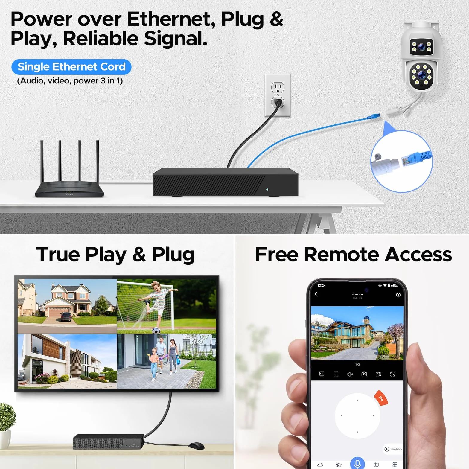 CAMCAMP 4MP Kit Videosorveglianza POE Doppia Lente, 8CH NVR Kit Telecamere Videosorveglianza POE con 500GB HDD,4X2K PTZ Telecamera IP,Visione Notturna a Colori,Rilevamento Movimento,Auto Tracciamento