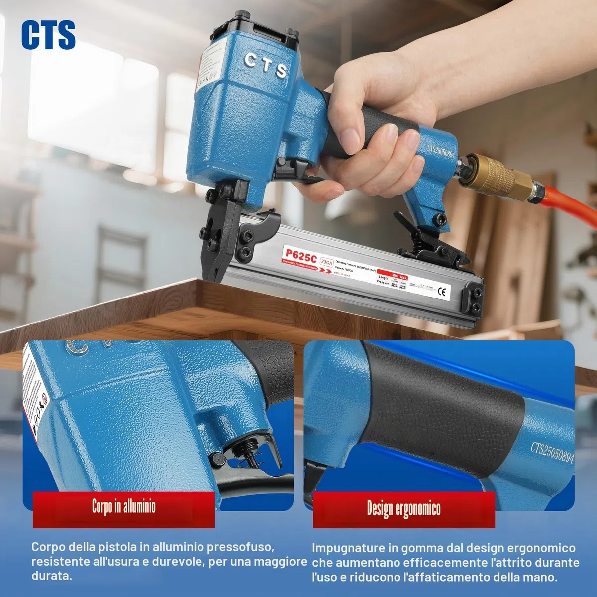 P625C Chiodatrice pneumatica con perni da 23 gauge e 3000 perni inclusi, chiodatrice pneumatica senza testa con blocco di sicurezza, adatta per perni da 1/2'' a 1'' (12 a 25mm), micro
