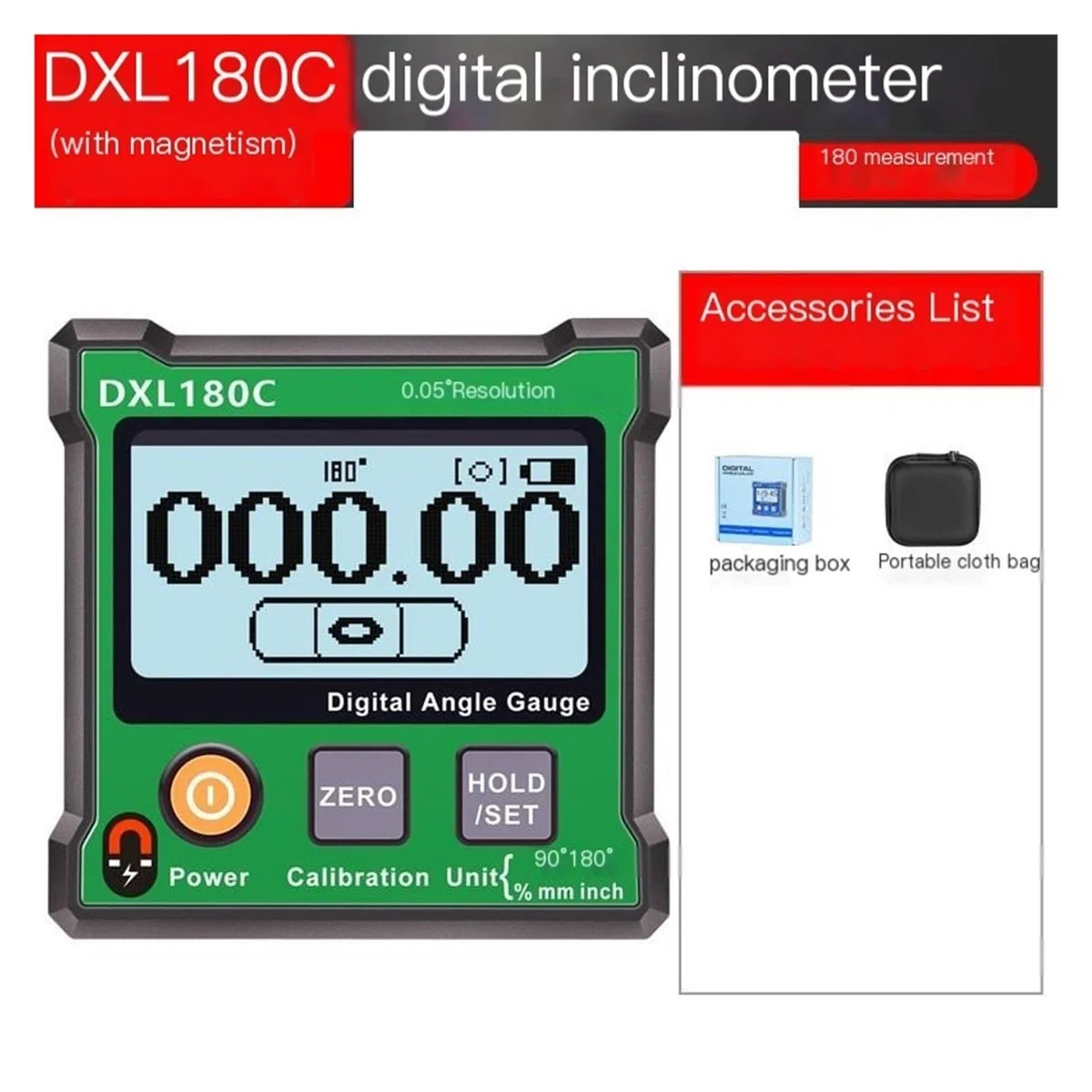 Livello elettronico, misuratore angolare digitale DXL180C Inclinometro digitale con righello livellante magnetico 180° Strumenti di misurazione(DXL180C magnetic)