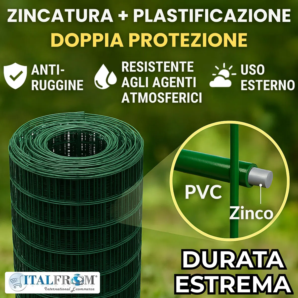ITALFROM - Rotolo 25 Metri Rete Metallica per Recinzioni H 125 cm, Rete Elettrosaldata Verde per Recinzione Plastificata Zincata con Maglia 75x50mm, Rete da Giardino per Recinzione Rigida (2205)