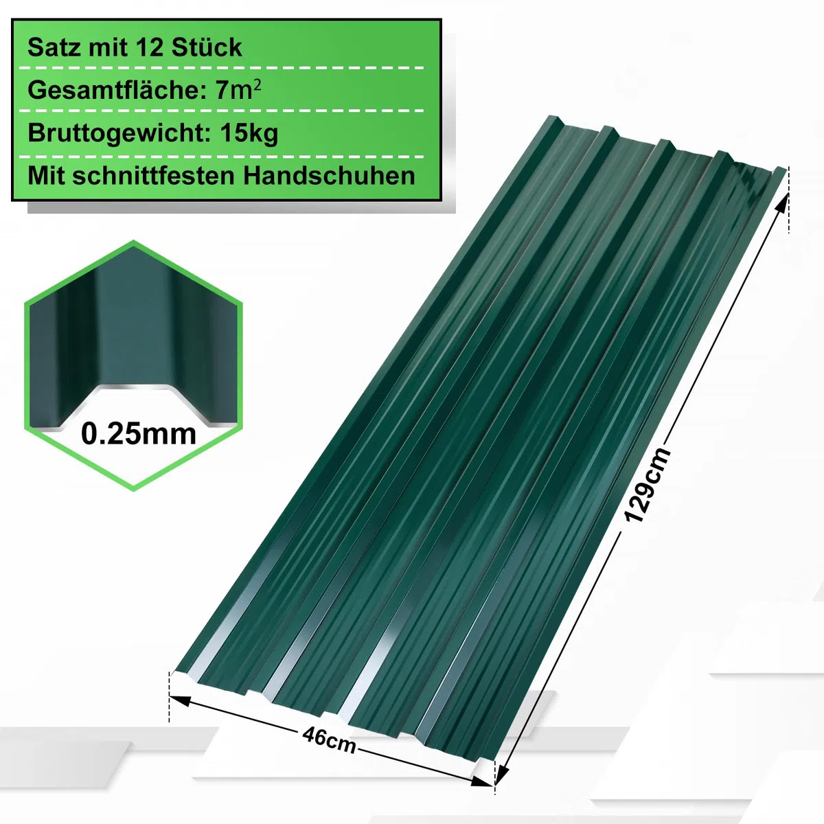 Ikodm 12 fogli trapezoidali da 129 x 46 cm, 7 m², lamiera ondulata zincata 0,25 mm, resistente alla ruggine, verde, lamiera per tetto