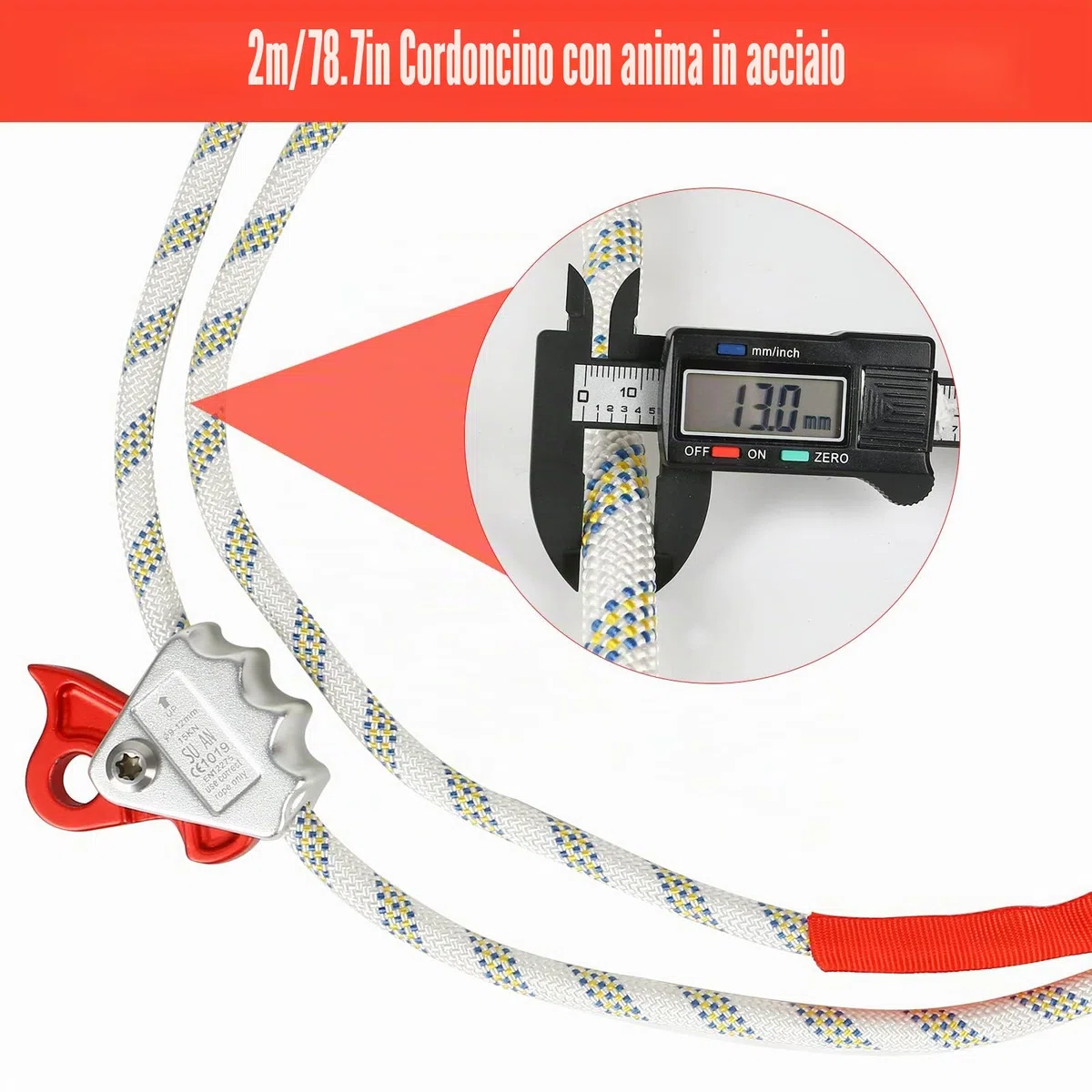 Linea di posizionamento regolabile, con accorciamento della corda PROT-3, protezione anticaduta per il collegamento tra la cintura di raccolta e il punto di arresto, corda per protezione anticaduta e