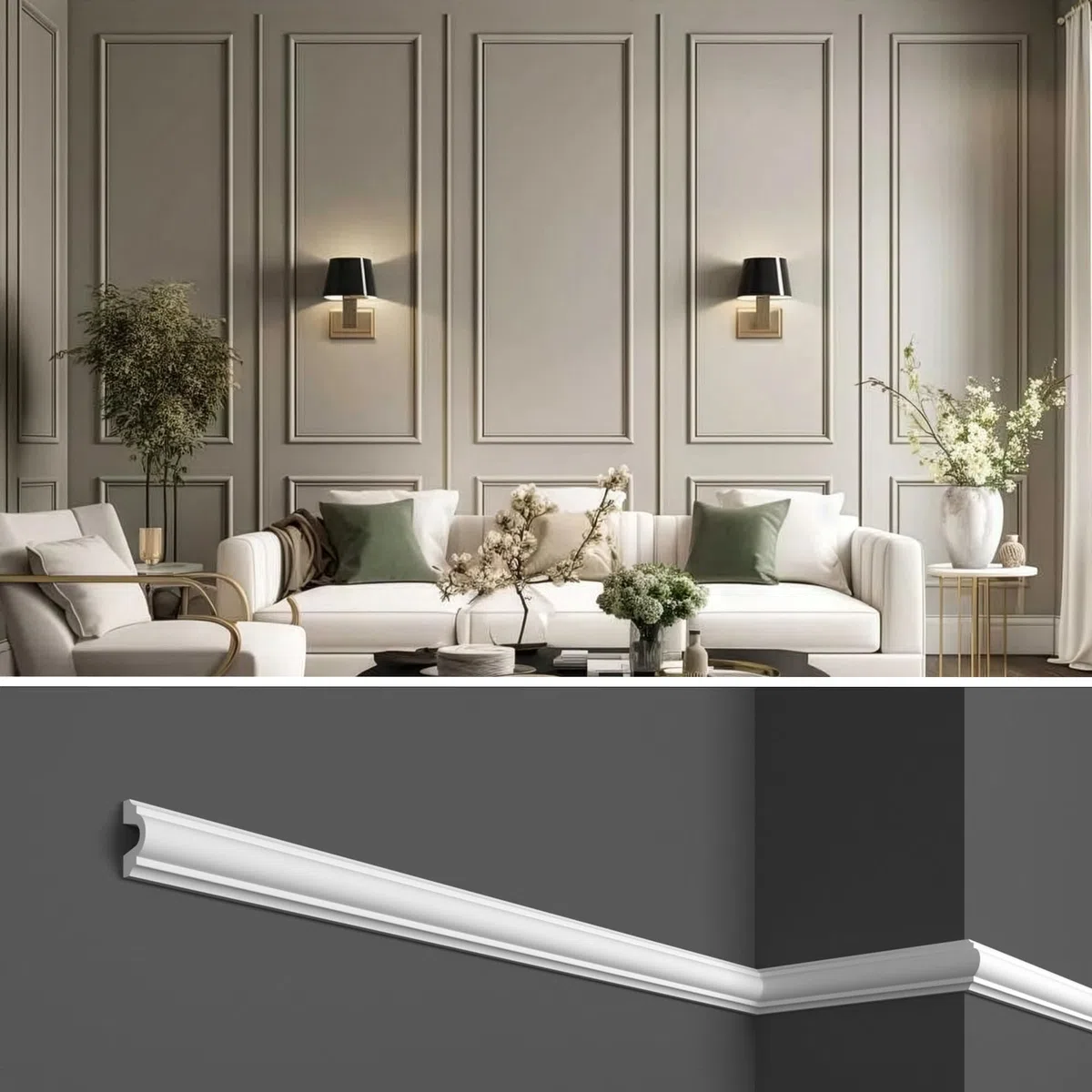 Cornici boiserie per parete, 12 metri di profilo decorativo 3d, in duropolimero bianco rigido(meglio del polistirolo e gesso), da applicare a muro, 12 pezzi da 1 metro (HCR 501)