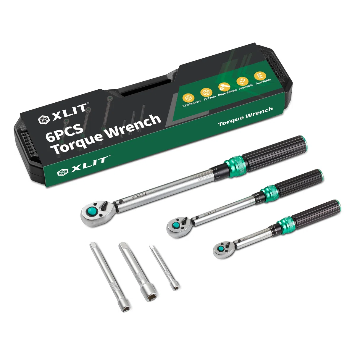 Set di 3 chiavi dinamometriche a scatto ± 3% precisione – 1/4" (1-25 Nm), 3/8" (5-60 Nm) e 1/2" (20-220 Nm), per riparazione di auto, moto e biciclette