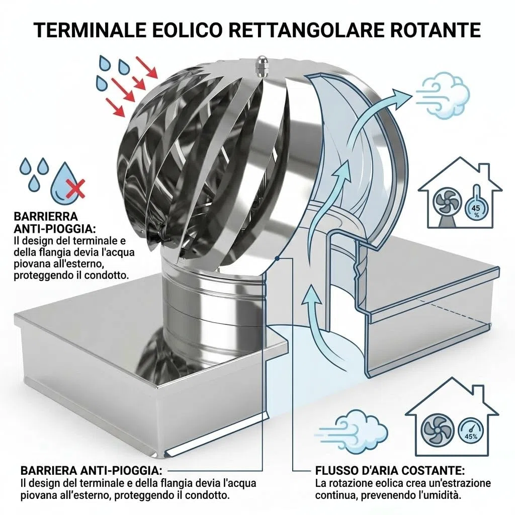 MAKA Terminale Eolico Rettangolare per Aerazione Naturale, Aspiratore Eolico Senza Corrente per Espulsione Aria ed Esalazioni Gassose, Comignolo Rotante Anti Pioggia per Condotti (420x520 mm)