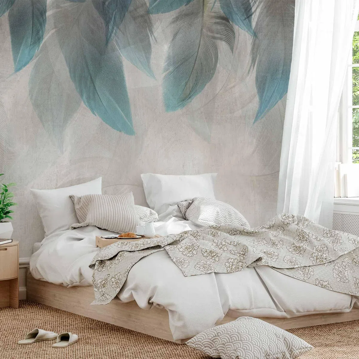 murando - Carta da Parati Adesiva Piuma 343x256 cm Fotomurali Adesivi Murali Rivestimento Parete Moderna per Pareti Adesiva Muro Decorativo Fotomurale Soggiorno Boho Astratto Ornamento turchese