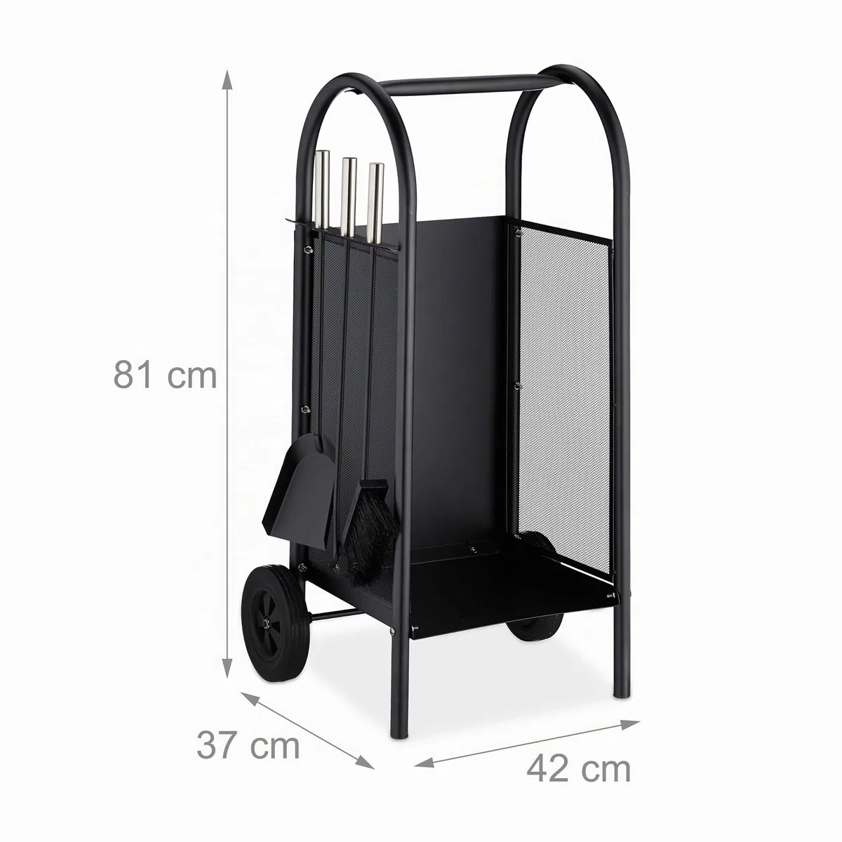 Relaxdays Carrello Portalegna con 3 Accessori, Mobiletto in Acciaio, da Camino, Paletta, Scopino & Attizzatoio, Nero