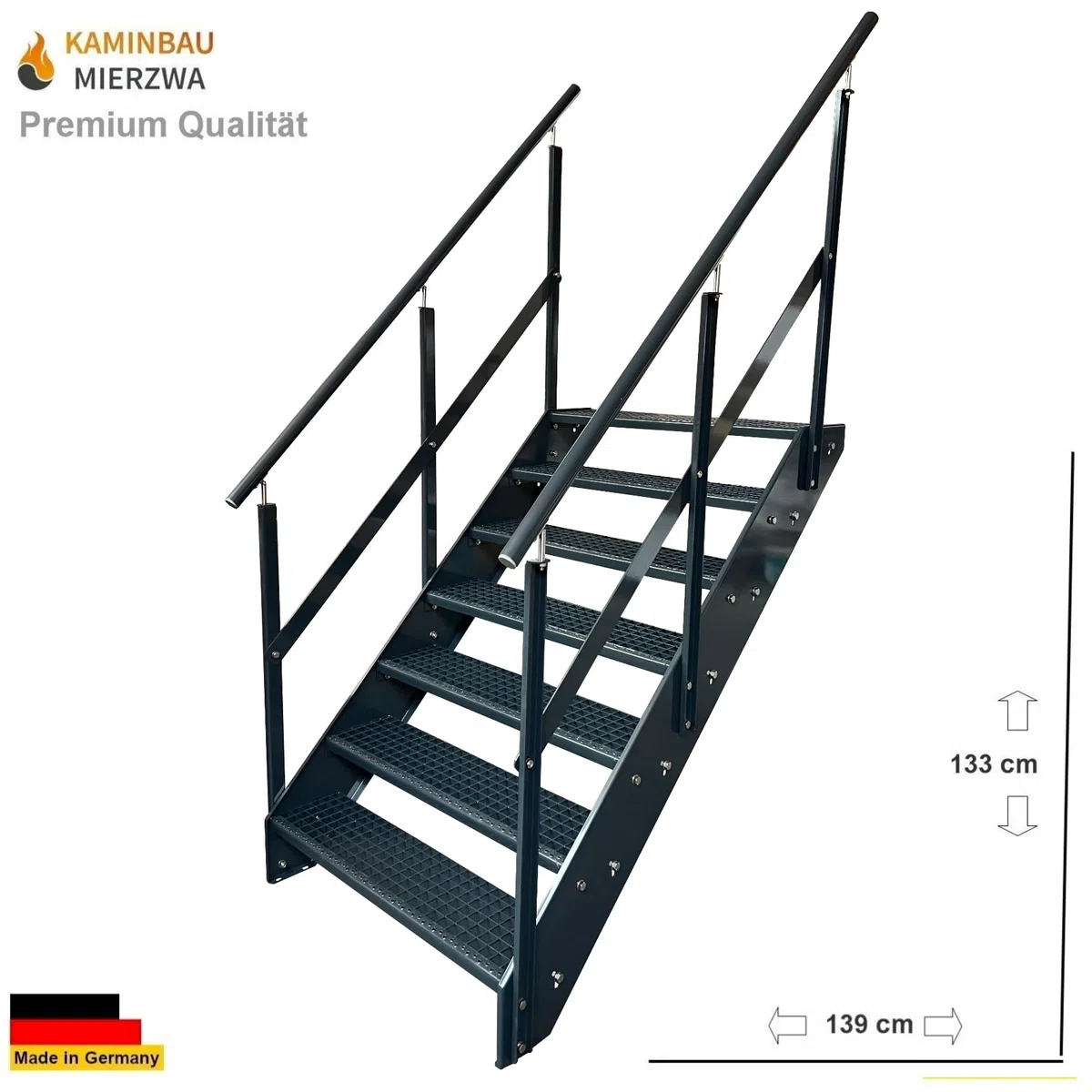 Scala in acciaio Premium con ringhiera su entrambi i lati, completamente antracite RAL 7016/7 gradini (larghezza 800 mm) (altezza 133 cm), resistente alle intemperie, gradino a