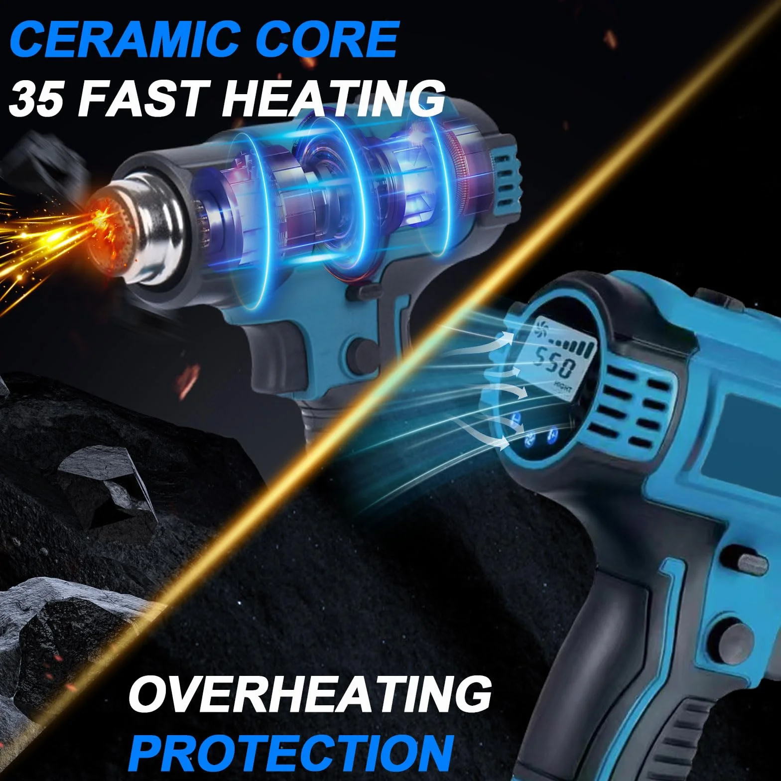 Pistola termica a batteria compatibile con batteria Makita da 18 V, con regolazione del volume d'aria a 2 livelli, temperatura fino a 550 °C e 7 ugelli per saldatura, piegatura di tubi (senza batterie