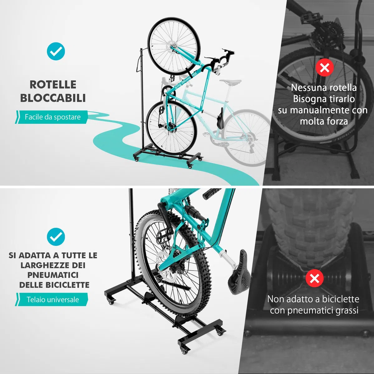Mimoke Portabici con ruote, per mountain bike e bici da corsa fino a 29 pollici, regolabile in altezza, salvaspazio, ideale per appartamenti