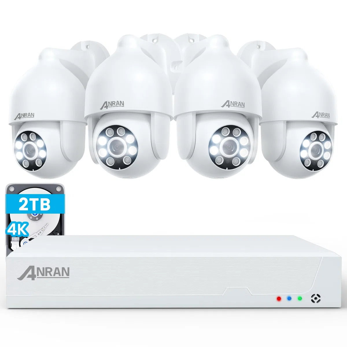 ANRAN 4K PoE Kit Videosorveglianza Esterno, NVR 8CH 2TB + 4x 8MP 360° PTZ Telecamere con Tracciamento Automatico, Rilevamento AI, Registrazione 24/7, Espandibile 10TB, Accesso Remoto, Sirena, IP67