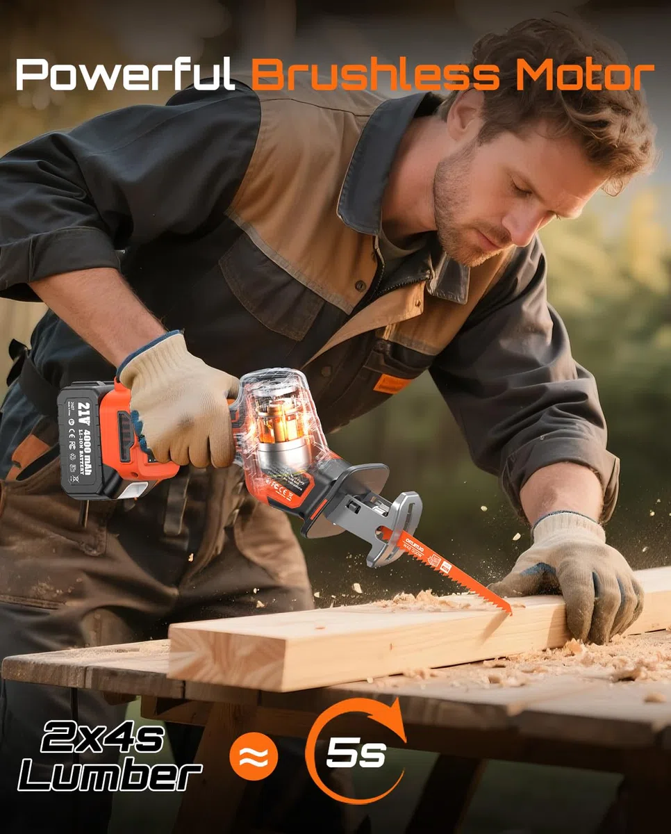 Sega a Gattuccio batteria con 8 lame – 2 batterie da 4000 mAh, motore brushless, velocità variabile 0-3200 SPM, sostituzione lama senza attrezzi, sega alternativa potente per PVC, legno,fai da te