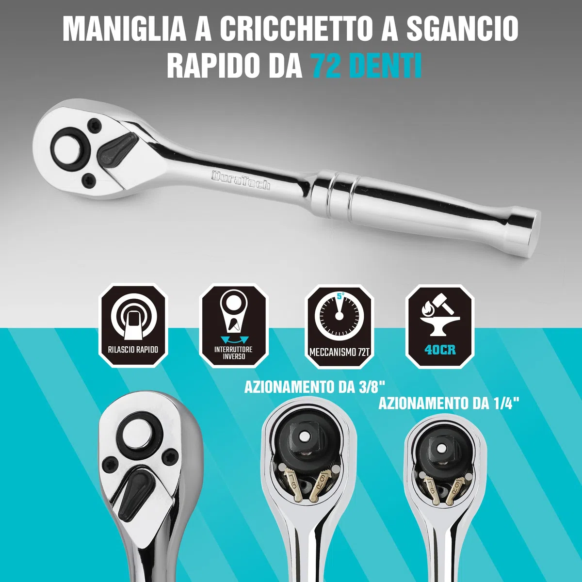 DURATECH Set di Attrezzi per Meccanica da 121 Pezzi, Set di Chiavi a Bussola, 1/4" e 3/8", Cricchetto a 72 Denti, Acciaio Cr-V, con Scatola, Include Cacciavite e Punte, Ideale per Lavori Meccanici