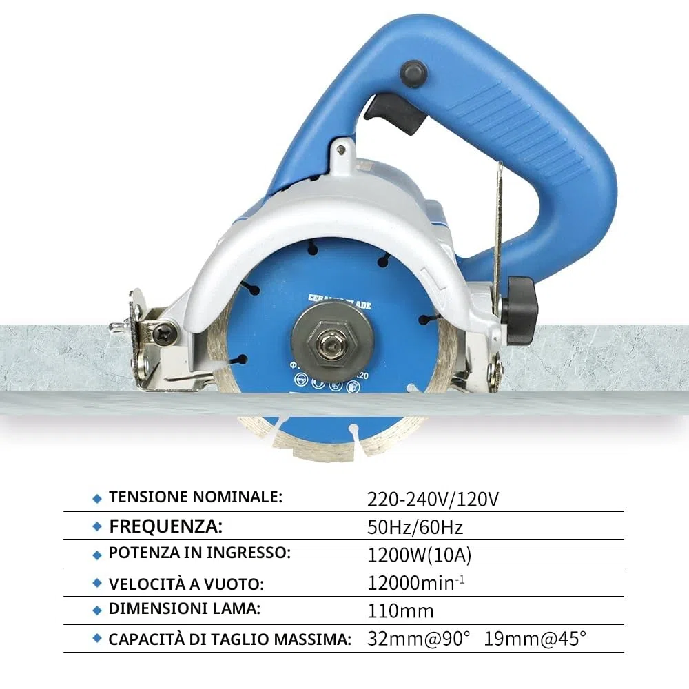 Tagliapiastrelle Hancaner Sega da taglio a secco,1200W,con disco da taglio ad alta resistenza,12000 giri/min e taglio smussato 0-45 gradi,per marmo,piastrelle,ceramica,legno,PVC