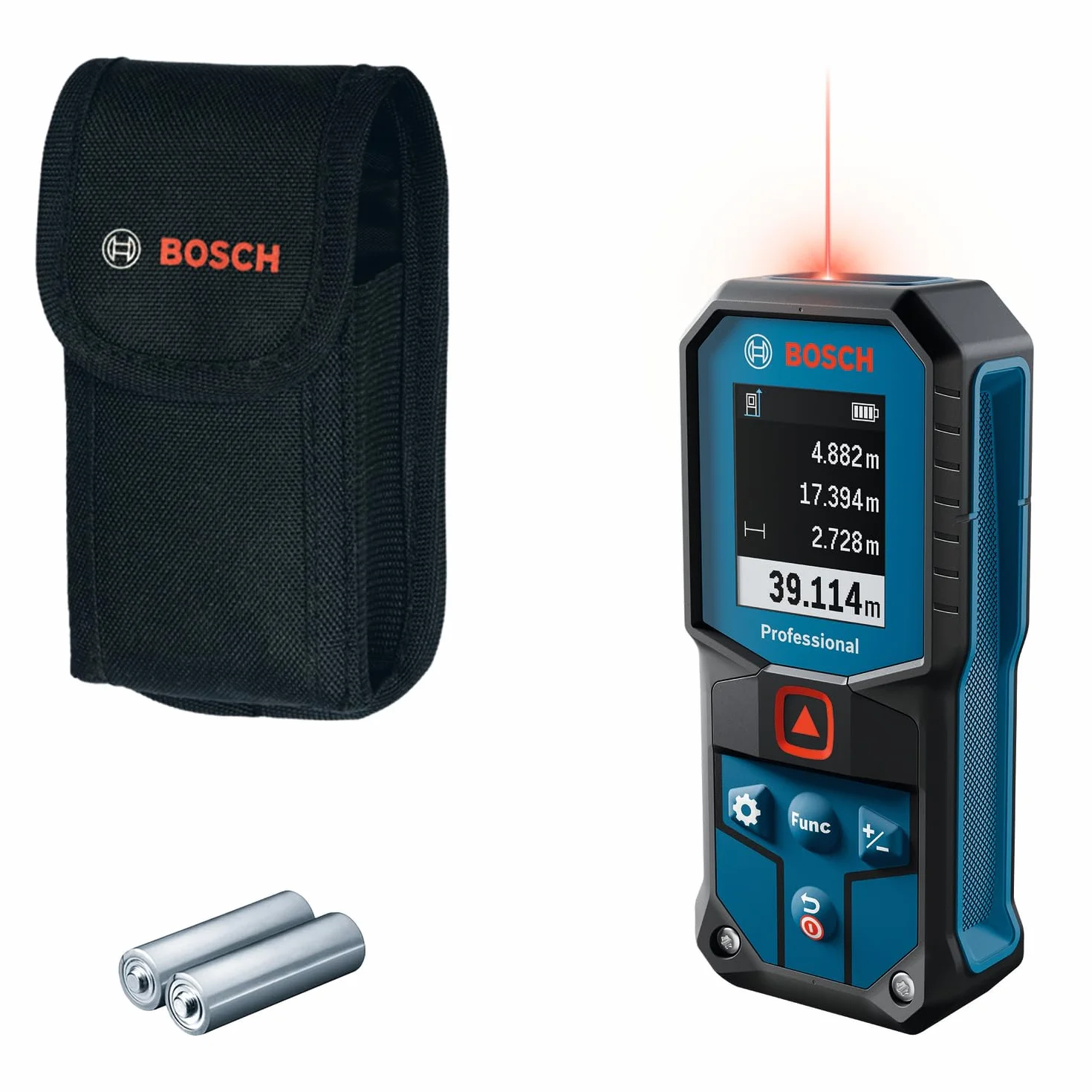 Bosch Professional Distanziometro laser GLM 40-31 (P65, carcassa antiurto, calcoli automatici per lunghezza/superficie/volume, display a colori luminoso, compatibile con batterie agli ioni di litio)