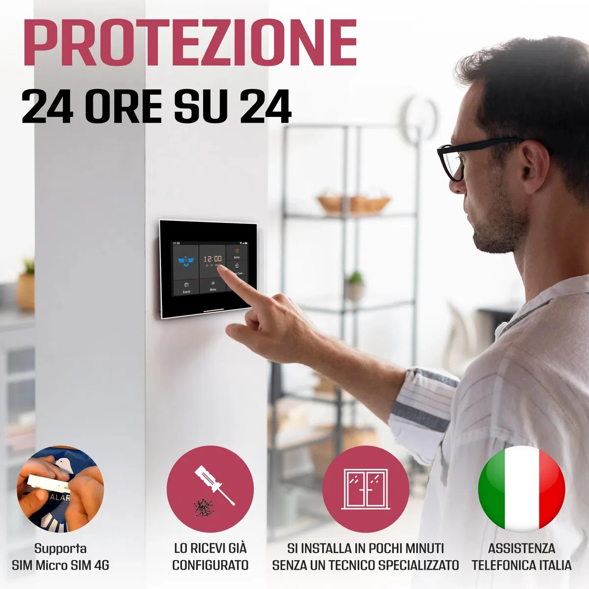 Kit Allarme Casa Wireless, Antifurto Casa Senza Fili con Sensori di Movimento e Sirena, Kit Antifurto Casa Completo con Connessione WiFi per Sicurezza Domestica. Assistenza Italia