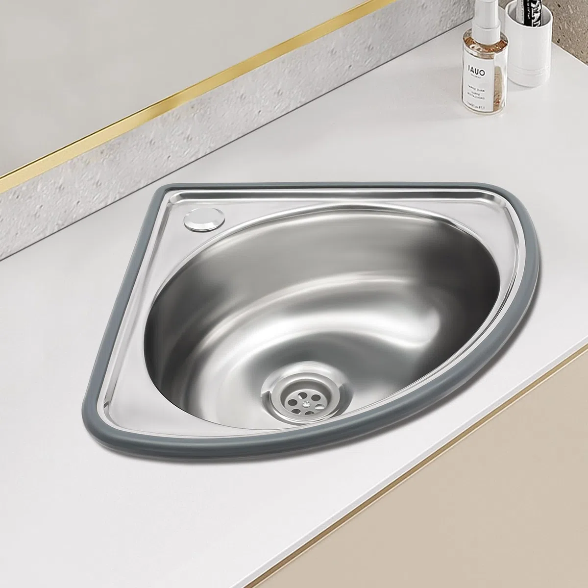 Lavabo angolare 44 x 37 x 13,2 cm, fino a 25 kg, triangolare, con tubo di scarico da 80 cm, per il montaggio a parete, in acciaio inox, piccolo lavello per bagno, cucina, garage