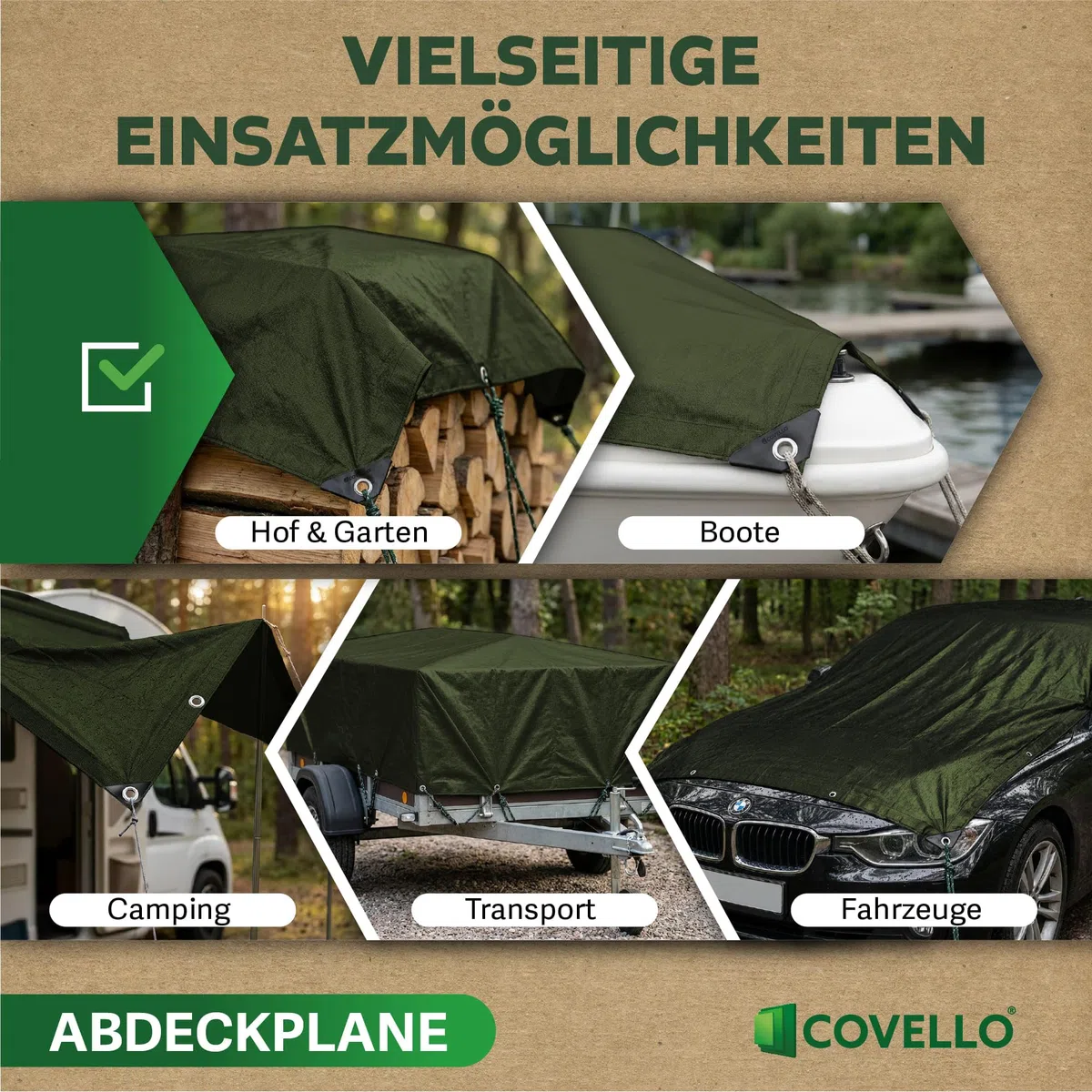 Covello Telo impermeabile esterno 260g/m² Top Line | Telo occhiellato 6m x 5m | Telo impermeabile | Resistente ai Raggi UV Agli Strappi | Telone multifunzionale per la protezione
