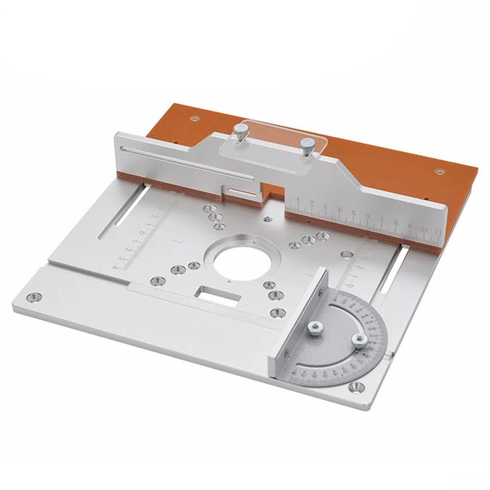 Piastra di inserimento per fresatrice, piastra in alluminio per lavorazione del legno, tavola ribaltabile per macchina da taglio, piastra per inserto per fresatura del legno, con calibro per mitra