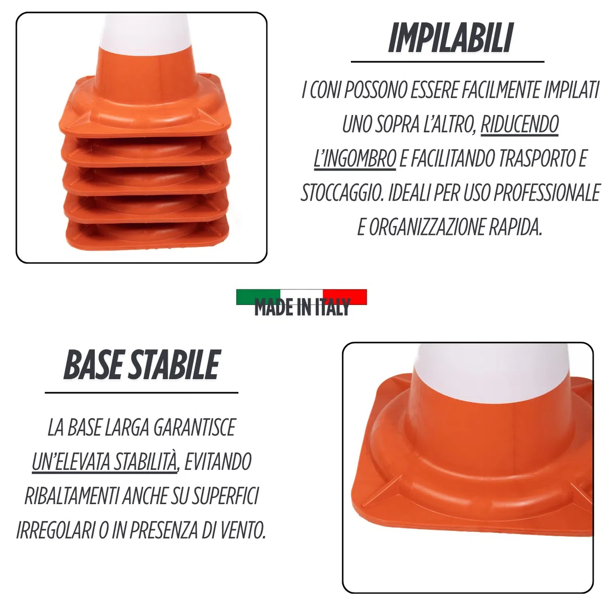 Coni Stradali Segnaletici 50 Cm Riflettenti Set da 10 Spartitraffico Traffico Made In Italy Arancione e Bianco Plastica Resistente Delimitatori Cono Parcheggi Cantieri Sicurezza