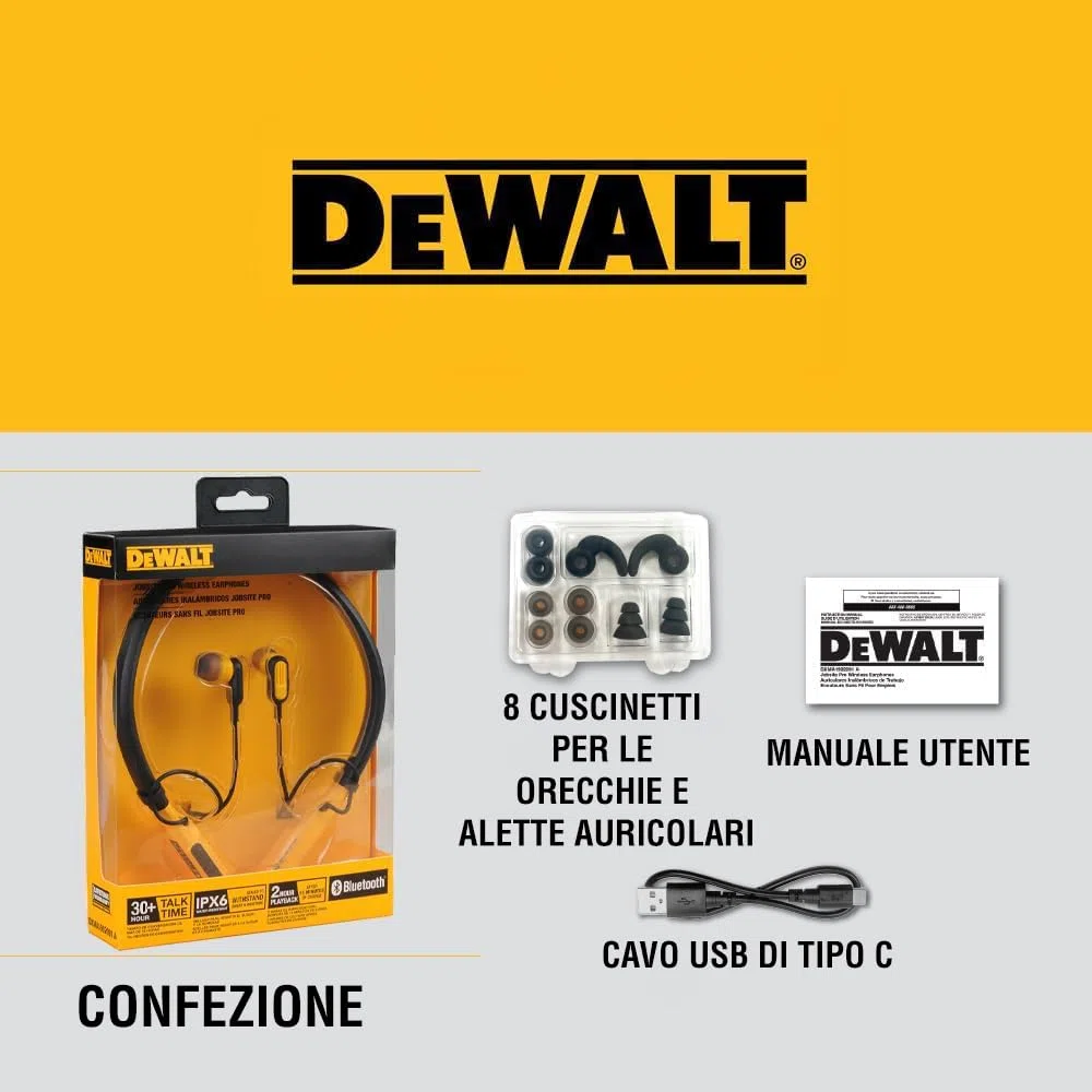 DEWALT Cuffie Bluetooth Heavy Duty con Nackenband, Auricolari Wireless da Collo con 30 Ore di Riproduzione, Isolamento Rumore, Magnetiche, Microfono Integrato, Ideali per Jobsite