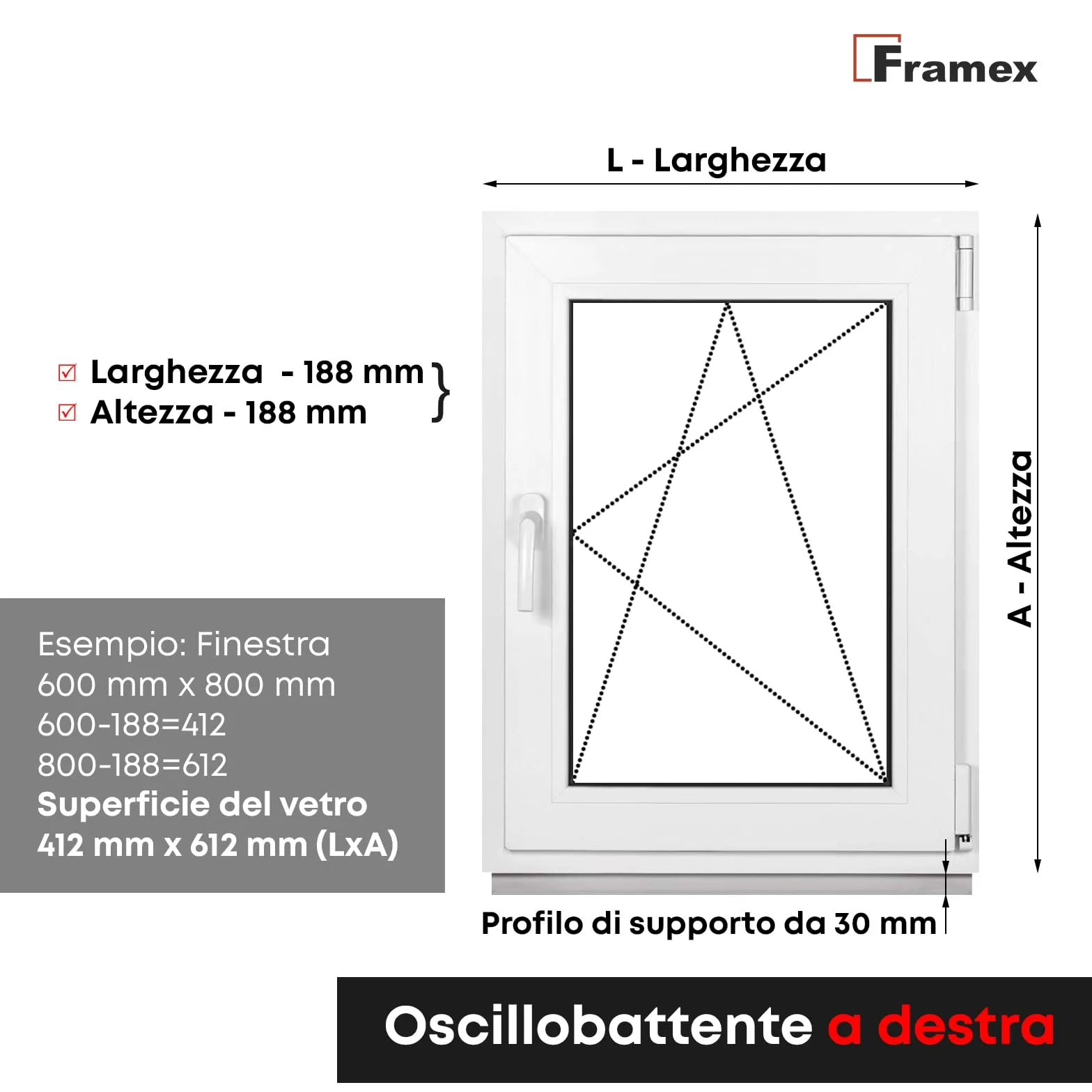 Finestra in Plastica Bianca Larghezza x Altezza 55 x 70 cm (550 x 700 mm) Triplo Vetri (32 mm), Anta-Ribalta, Girevole DIN Destra – Premium