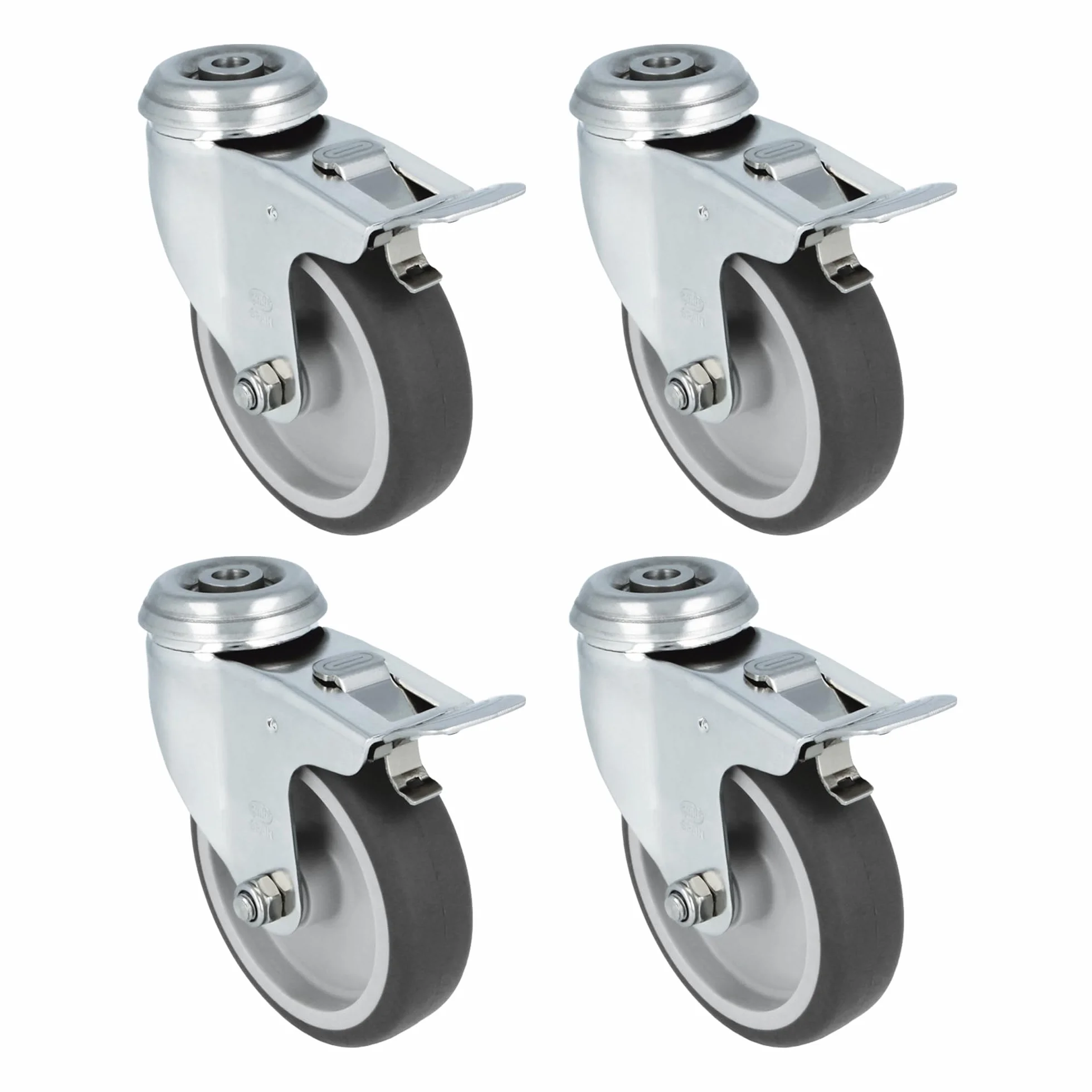 Amig – Pack da 4 ruote con freno – Ø 100 x 27 mm – Ruote girevoli con piastra in acciaio inox con foro – Portata massima 90 kg – Per spostare mobili pesanti – Nucleo in polipropilene – Gomma nera