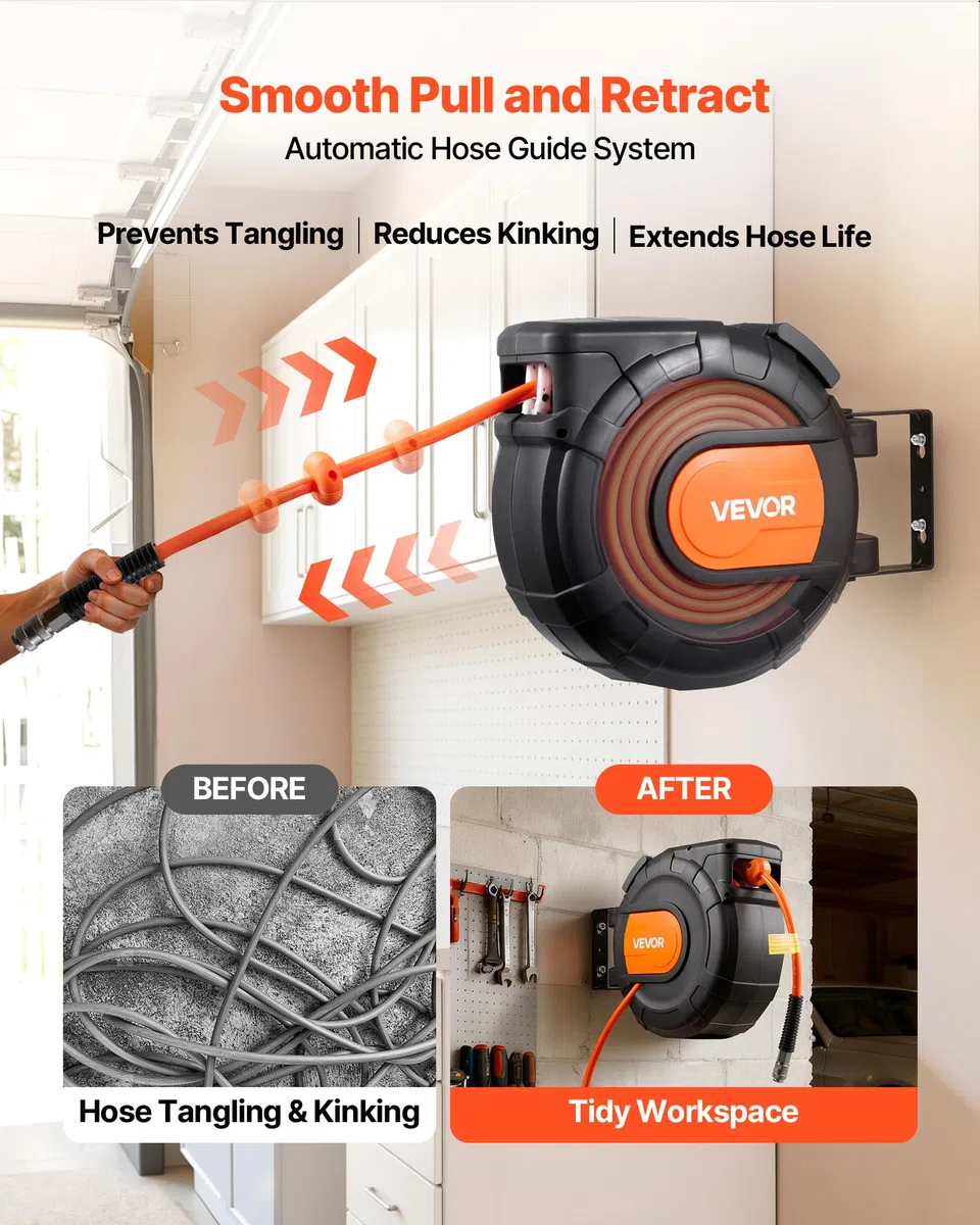 VEVOR Avvolgitubo per Aria Compressa Retrattile, Tubo Flessibile in PVC da 20 m x 9,5 mm, Massimo 300 PSI, con Riavvolgimento Automatico e Cavo da 2 m, Montaggio a Parete Girevole per Garage