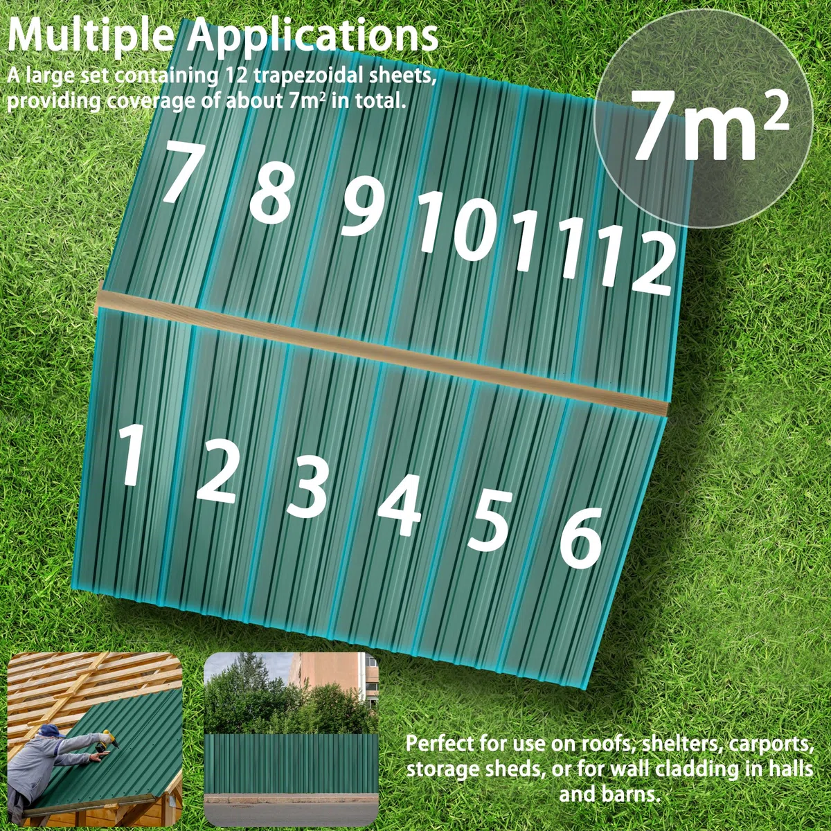 FIVMEN 12 lamiere trapezoidali zincate, 1295 x 450 mm, per tetto con guanti e viti, piastre ondulate, 7 m², verde