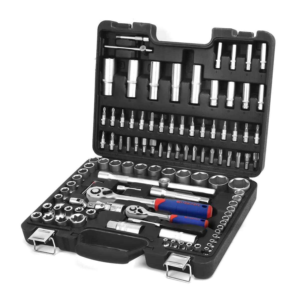 WORKPRO Set di Chiavi a Bussola con Cricchetto 1/4''+ 1/2'' 108 Pezzi, Custodia Portatile, Maniglia Girevole, Barra di Prolunga, Kit di Attrezzi Meccanici per Auto